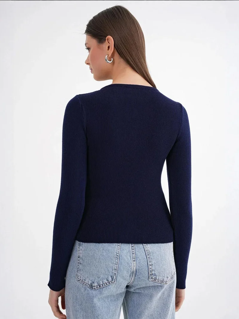 Mixray Navy Blue Mixray Buttoned Slim Fit Ribbed Knit Cardigan for Women | Best Price UAE