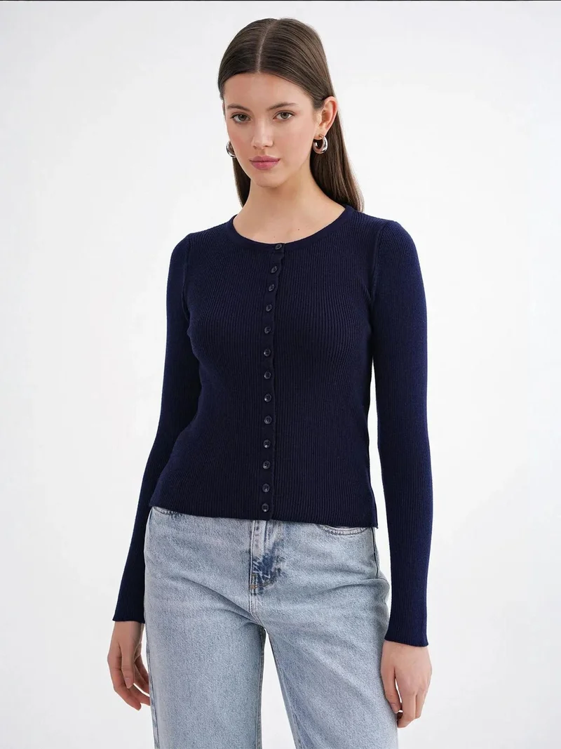 Mixray Navy Blue Mixray Buttoned Slim Fit Ribbed Knit Cardigan for Women | Best Price UAE