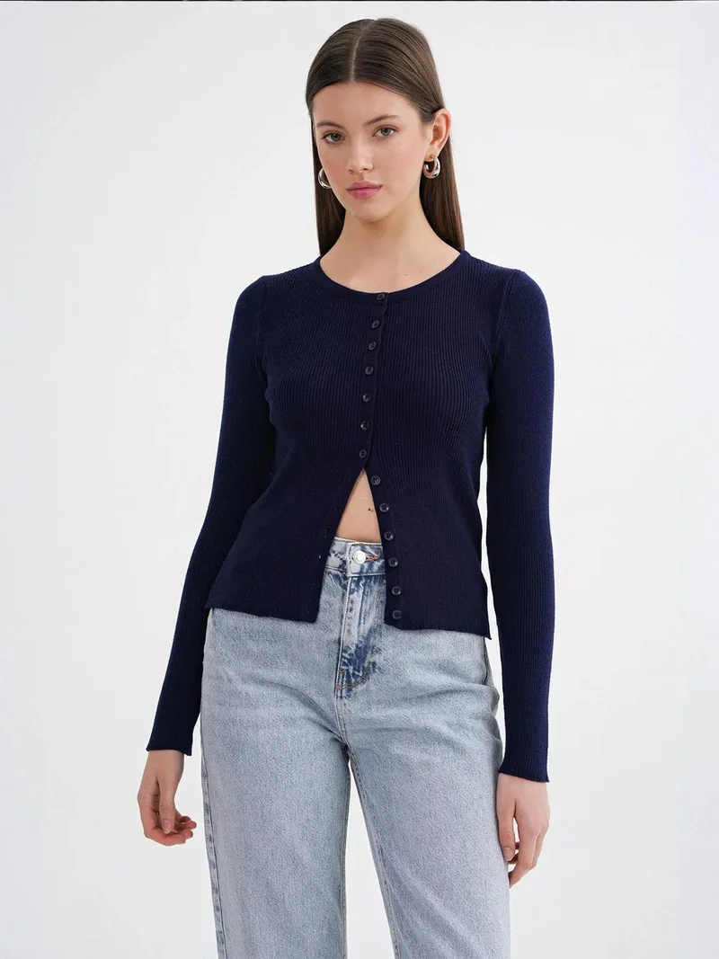 Mixray Navy Blue Mixray Buttoned Slim Fit Ribbed Knit Cardigan for Women | Best Price UAE