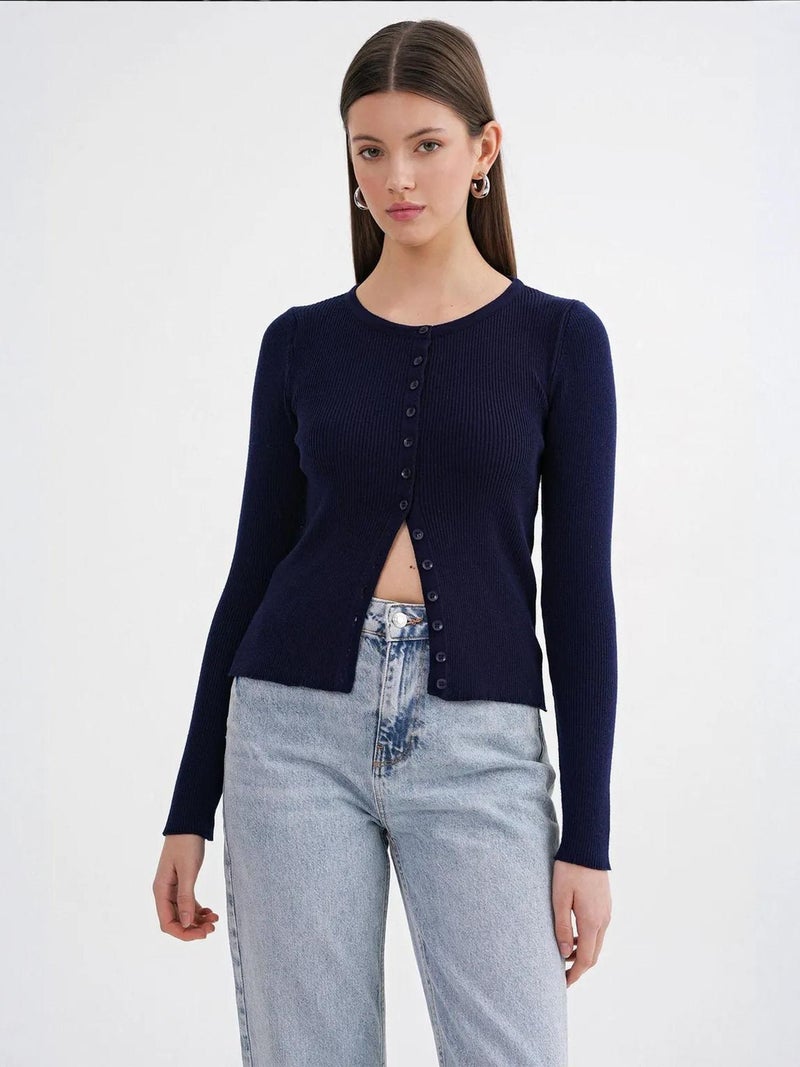 Mixray Buttoned Slim Fit Ribbed Knit Cardigan - Image 5