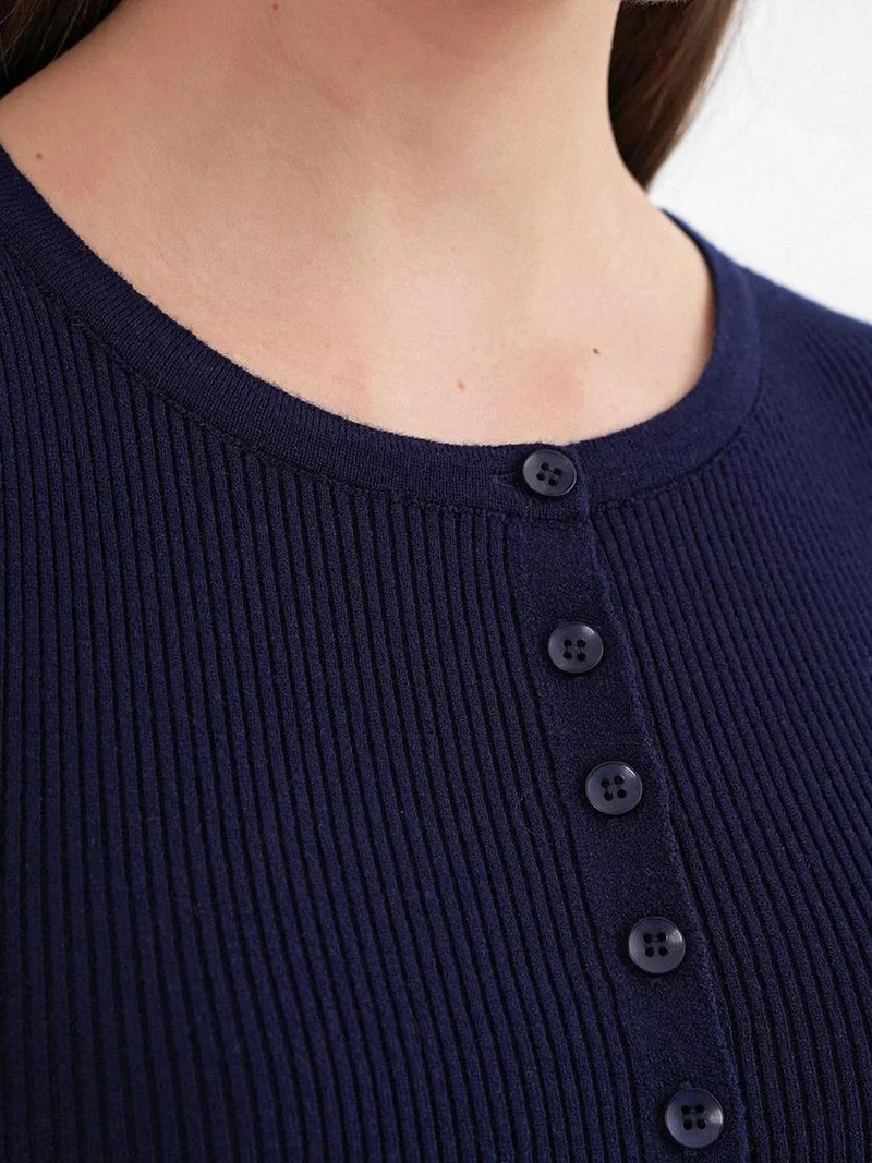 Mixray Navy Blue Mixray Buttoned Slim Fit Ribbed Knit Cardigan for Women | Best Price UAE