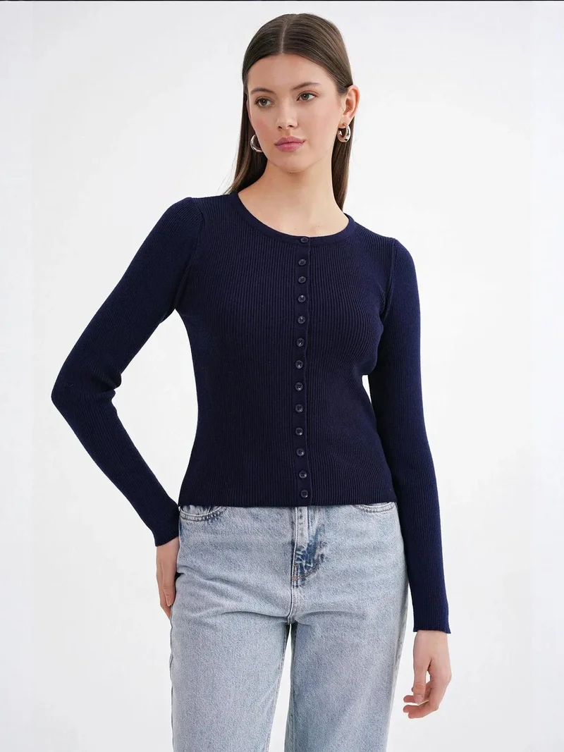 Mixray Navy Blue Mixray Buttoned Slim Fit Ribbed Knit Cardigan for Women | Best Price UAE