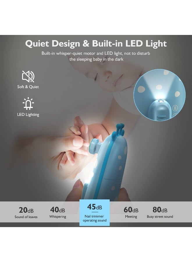 Megainvo Baby Nail Trimmer Electric Baby Nail File Safe Baby Nail Clippers with Light 10 Grinding Heads Quiet Baby Nail Polish Grooming Kit for Newborn Infant Toddler Toes Fingernails Care - Blue - Image 3