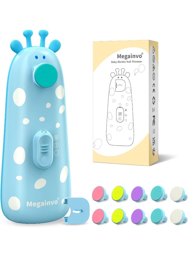 Megainvo Baby Nail Trimmer Electric Baby Nail File Safe Baby Nail Clippers with Light 10 Grinding Heads Quiet Baby Nail Polish Grooming Kit for Newborn Infant Toddler Toes Fingernails Care - Blue - Image 1