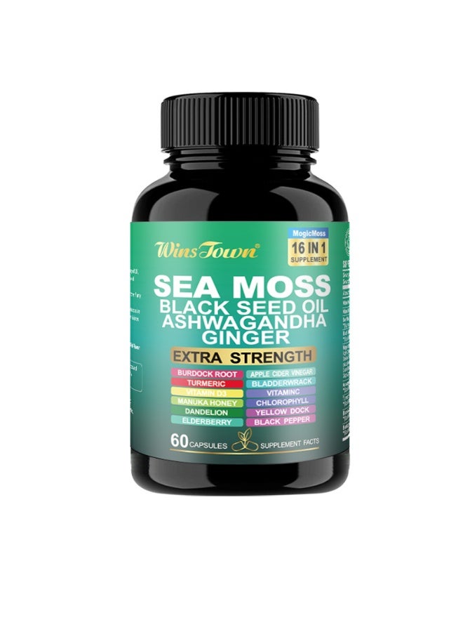 WinsTown Sea Moss 16-in-1 Complex Capsules | 60 Capsules | Contains Black Seed Oil, Ashwagandha, Ginger, etc. | Strengthens Immunity and Metabolism | Natural Herbal Extracts | No Additives - Image 1