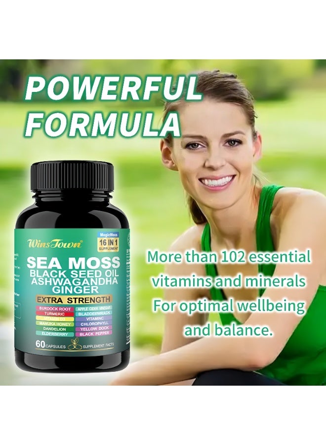 WinsTown Sea Moss 16-in-1 Complex Capsules | 60 Capsules | Contains Black Seed Oil, Ashwagandha, Ginger, etc. | Strengthens Immunity and Metabolism | Natural Herbal Extracts | No Additives - Image 3