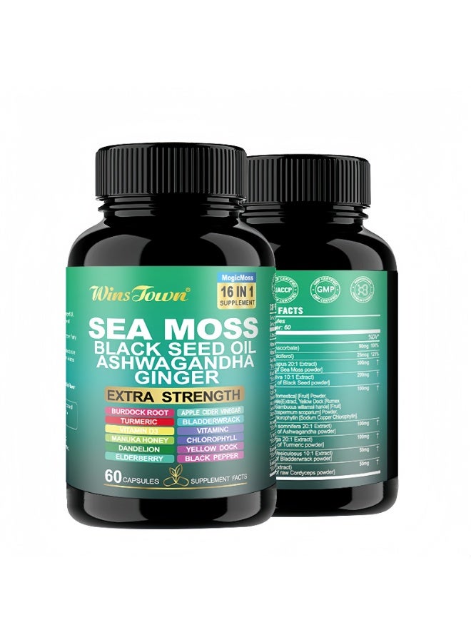 WinsTown Sea Moss 16-in-1 Complex Capsules | 60 Capsules | Contains Black Seed Oil, Ashwagandha, Ginger, etc. | Strengthens Immunity and Metabolism | Natural Herbal Extracts | No Additives - Image 2