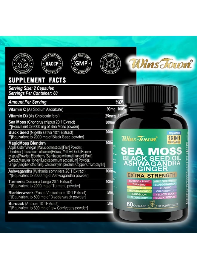 WinsTown Sea Moss 16-in-1 Complex Capsules | 60 Capsules | Contains Black Seed Oil, Ashwagandha, Ginger, etc. | Strengthens Immunity and Metabolism | Natural Herbal Extracts | No Additives - Image 5