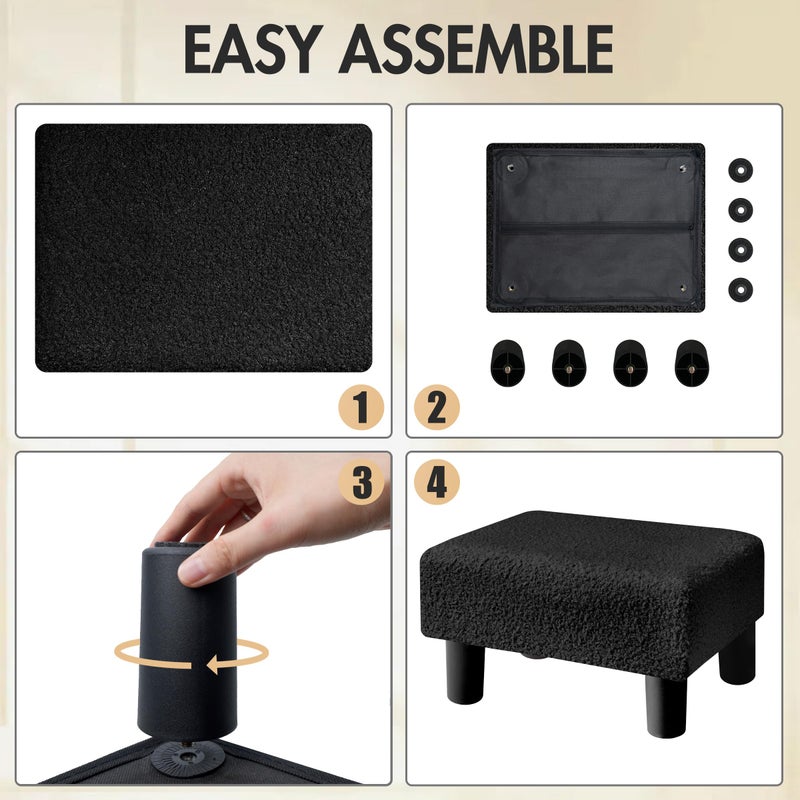 BRIAN & DANY Small Foot Stool Ottoman, Footstool with Legs, Teddy Velvet Foot Rest for Living Room, Bedroom and Office, Black - Image 3