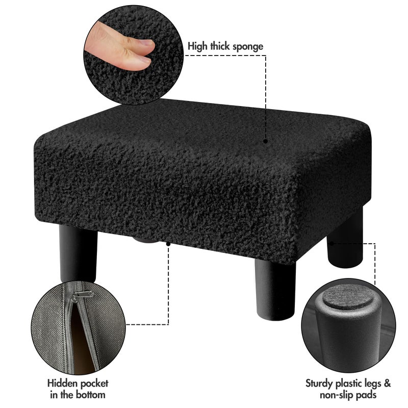 BRIAN & DANY Small Foot Stool Ottoman, Footstool with Legs, Teddy Velvet Foot Rest for Living Room, Bedroom and Office, Black - Image 2
