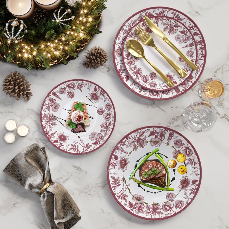 Trendables Disposable Plates For Party Supplies | Burgundy Floral Plastic Plates For Wedding 80 Pcs - 40 X 8 & 40 X 10 Dinner Plate Sets | Floral Plate Set Disposable Plastic Dinnerware Sets - Image 4