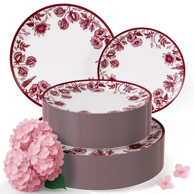 Trendables Disposable Plates For Party Supplies | Burgundy Floral Plastic Plates For Wedding 80 Pcs - 40 X 8 & 40 X 10 Dinner Plate Sets | Floral Plate Set Disposable Plastic Dinnerware Sets - Image 1
