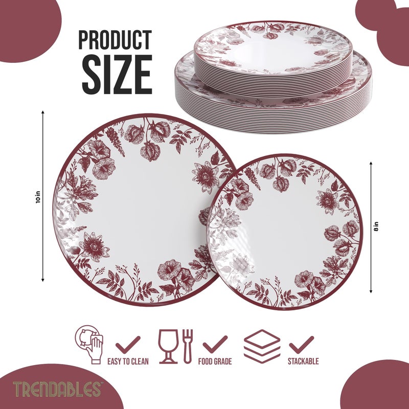 Trendables Disposable Plates For Party Supplies | Burgundy Floral Plastic Plates For Wedding 80 Pcs - 40 X 8 & 40 X 10 Dinner Plate Sets | Floral Plate Set Disposable Plastic Dinnerware Sets - Image 2
