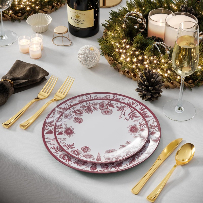 Trendables Disposable Plates For Party Supplies | Burgundy Floral Plastic Plates For Wedding 80 Pcs - 40 X 8 & 40 X 10 Dinner Plate Sets | Floral Plate Set Disposable Plastic Dinnerware Sets - Image 5