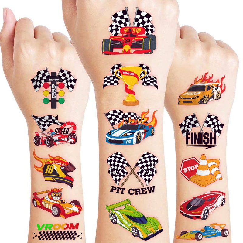 91TATTOOS 96 PCS Racing Car Pre-Cut Temporary Tattoos for Kids | Super Cute Racing Car Themed Birthday Party Favors, Supplies, Decorations, Fake Tattoo Stickers (Multiple) - Image 1