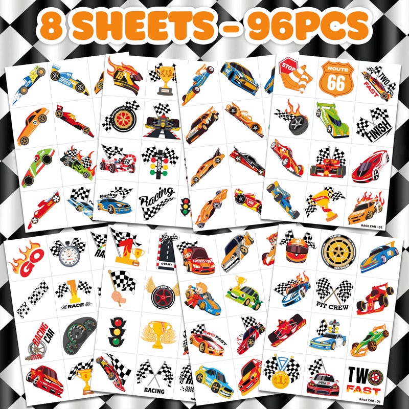 91TATTOOS 96 PCS Racing Car Pre-Cut Temporary Tattoos for Kids | Super Cute Racing Car Themed Birthday Party Favors, Supplies, Decorations, Fake Tattoo Stickers (Multiple) - Image 3