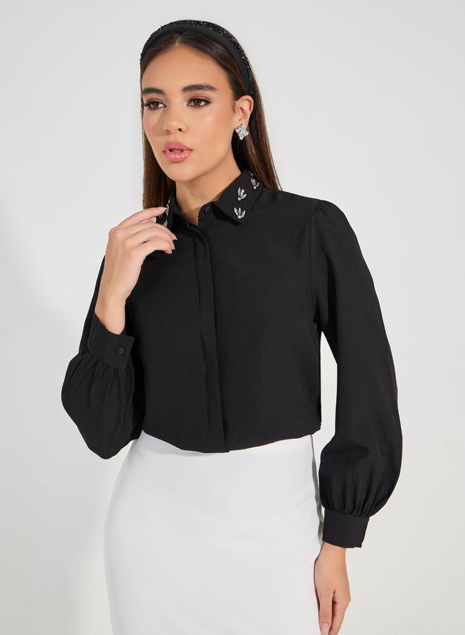 Styli Embellished Collar Woven Crepe Button Down Shirt  - Image 1