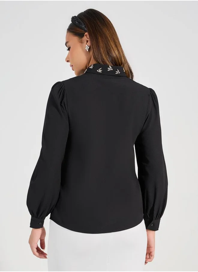 Styli Embellished Collar Woven Crepe Button Down Shirt