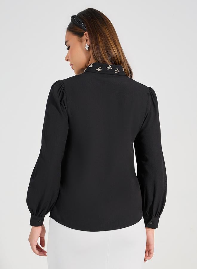 Styli Embellished Collar Woven Crepe Button Down Shirt  - Image 5