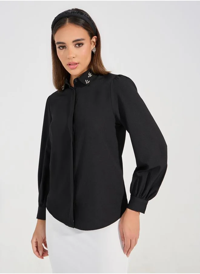 Styli Embellished Collar Woven Crepe Button Down Shirt