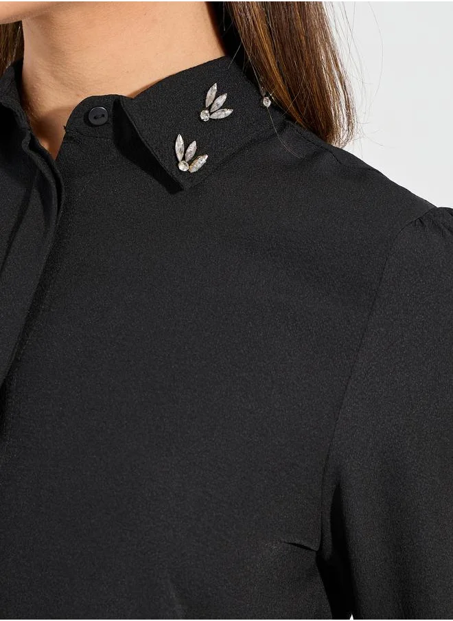 Styli Embellished Collar Woven Crepe Button Down Shirt