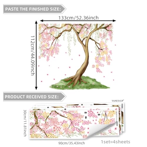 Mirabuy Large Pink and Yellow Cherry Blossom Tree Wall Decals Green Leaves Wall Stickers, Large Floral Wall Stickers for Living Room Tv Background Bedroom Wall Decor, 52.36 x 41.99 inches - Image 2