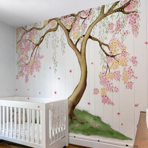 Mirabuy Large Pink and Yellow Cherry Blossom Tree Wall Decals Green Leaves Wall Stickers, Large Floral Wall Stickers for Living Room Tv Background Bedroom Wall Decor, 52.36 x 41.99 inches - Image 4