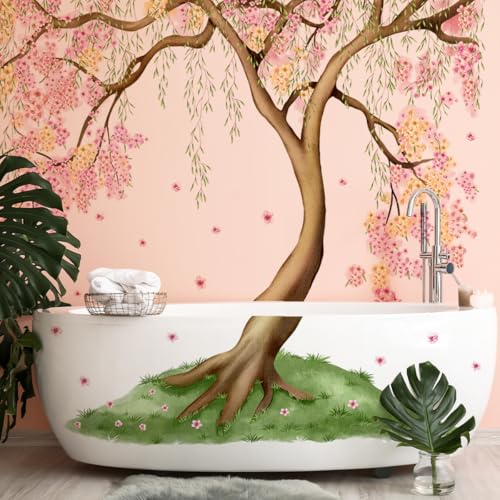 Mirabuy Large Pink and Yellow Cherry Blossom Tree Wall Decals Green Leaves Wall Stickers, Large Floral Wall Stickers for Living Room Tv Background Bedroom Wall Decor, 52.36 x 41.99 inches - Image 3