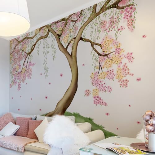 Mirabuy Large Pink and Yellow Cherry Blossom Tree Wall Decals Green Leaves Wall Stickers, Large Floral Wall Stickers for Living Room Tv Background Bedroom Wall Decor, 52.36 x 41.99 inches - Image 1