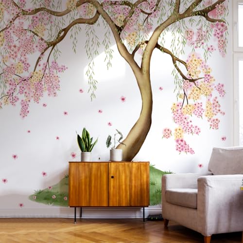 Mirabuy Large Pink and Yellow Cherry Blossom Tree Wall Decals Green Leaves Wall Stickers, Large Floral Wall Stickers for Living Room Tv Background Bedroom Wall Decor, 52.36 x 41.99 inches - Image 5
