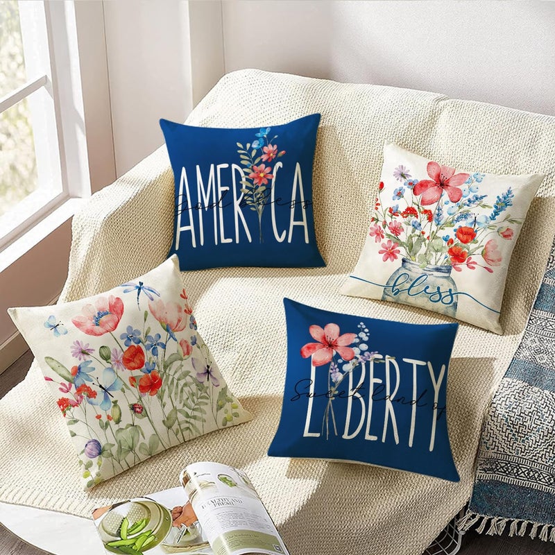 WOKANI 4th of July Patriotic Outdoor Throw Pillow Covers 18x18 Set of 4 Decorations Garden Flowers Spring Farmhouse Patio Decorative Cushion Covers Home Decor Couch for Sofa Bedroom Livingroom, DarkBlue - Image 2