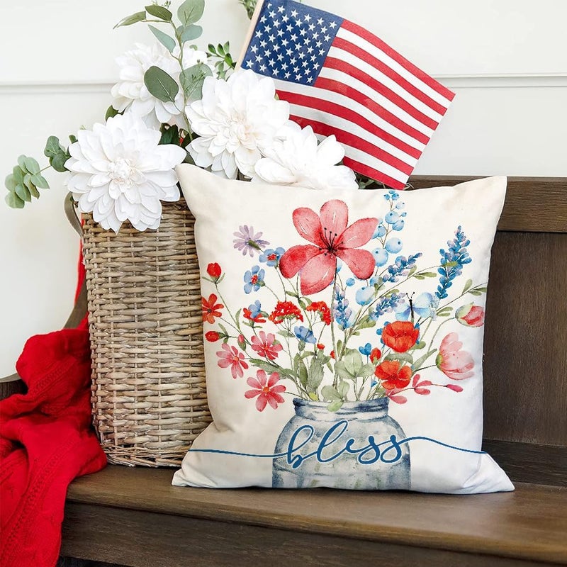 WOKANI 4th of July Patriotic Outdoor Throw Pillow Covers 18x18 Set of 4 Decorations Garden Flowers Spring Farmhouse Patio Decorative Cushion Covers Home Decor Couch for Sofa Bedroom Livingroom, DarkBlue - Image 5