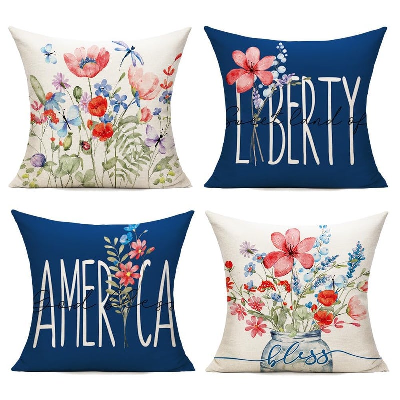 WOKANI 4th of July Patriotic Outdoor Throw Pillow Covers 18x18 Set of 4 Decorations Garden Flowers Spring Farmhouse Patio Decorative Cushion Covers Home Decor Couch for Sofa Bedroom Livingroom, DarkBlue - Image 1
