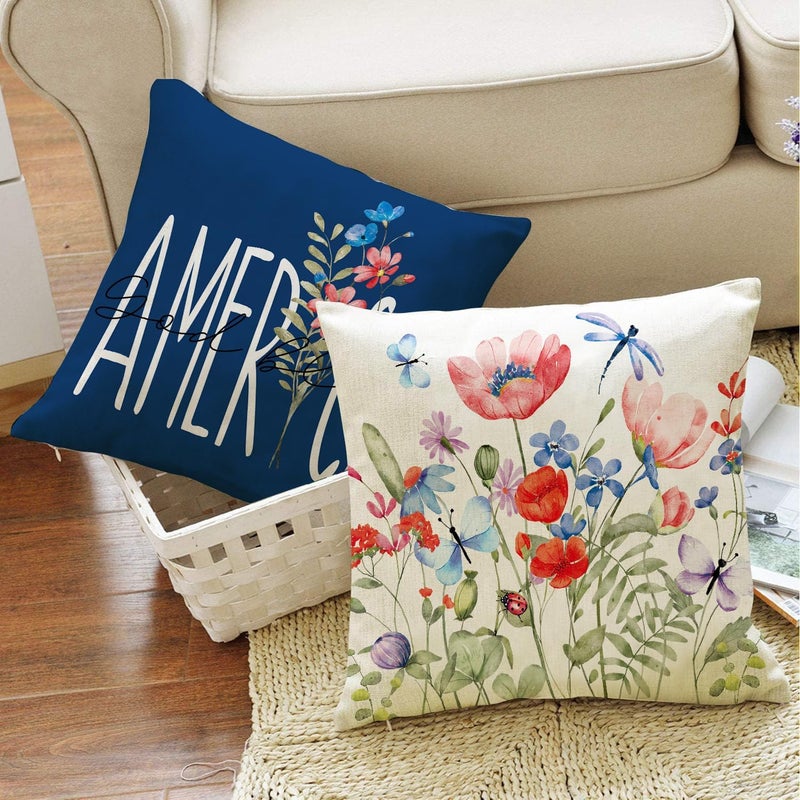 WOKANI 4th of July Patriotic Outdoor Throw Pillow Covers 18x18 Set of 4 Decorations Garden Flowers Spring Farmhouse Patio Decorative Cushion Covers Home Decor Couch for Sofa Bedroom Livingroom, DarkBlue - Image 4