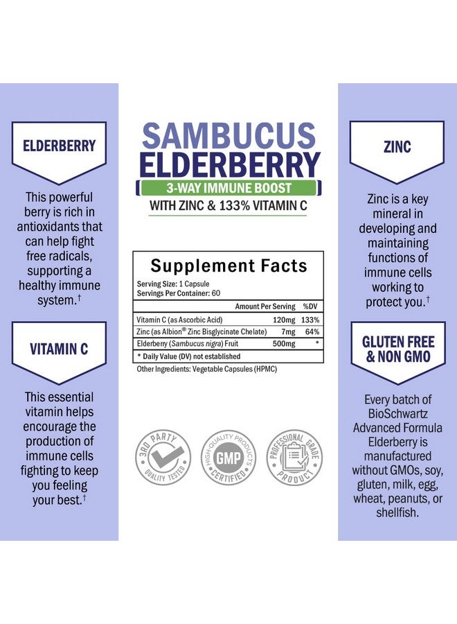 BioSchwartz Elderberry With Zinc And Vitamin C For Adults Immune Support Vitamins For Women And Men Natural Elderberries Black Sambucus Capsules Immune Defense Multiminerals Supplement Glutenfree 60 Ct - Image 5