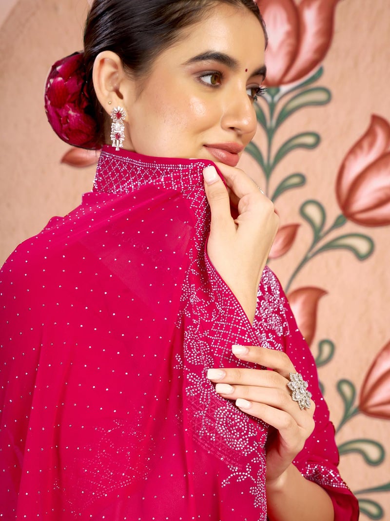 Satrani Women's Georgette Stone Work Saree with Unstitched Blouse Piece (4085S193N_Dark Pink2) - Image 4