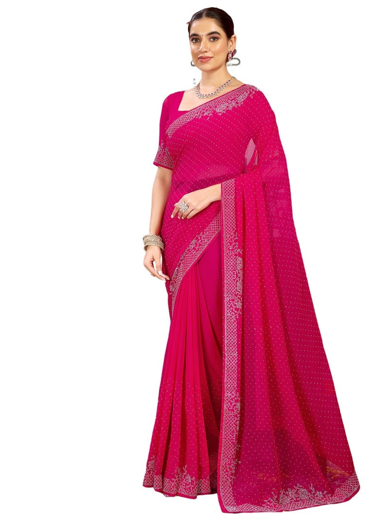 Satrani Women's Georgette Stone Work Saree with Unstitched Blouse Piece (4085S193N_Dark Pink2) - Image 1