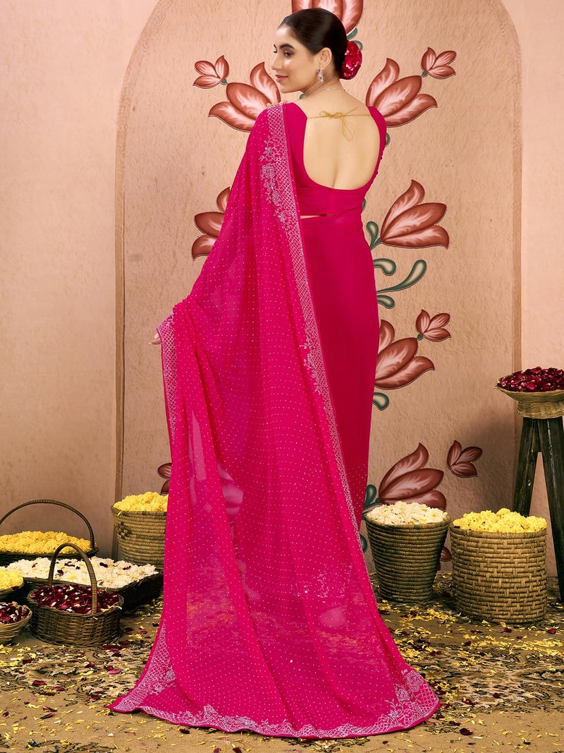 Satrani Women's Georgette Stone Work Saree with Unstitched Blouse Piece (4085S193N_Dark Pink2) - Image 3