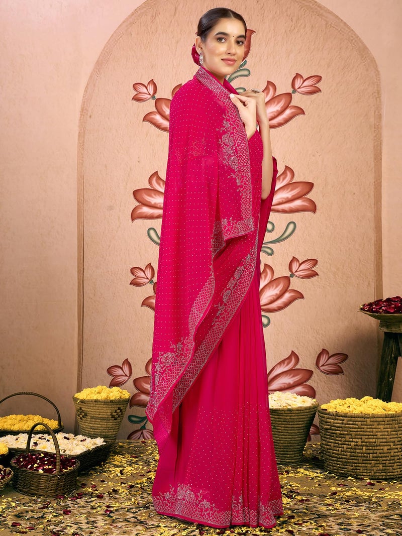 Satrani Women's Georgette Stone Work Saree with Unstitched Blouse Piece (4085S193N_Dark Pink2) - Image 2