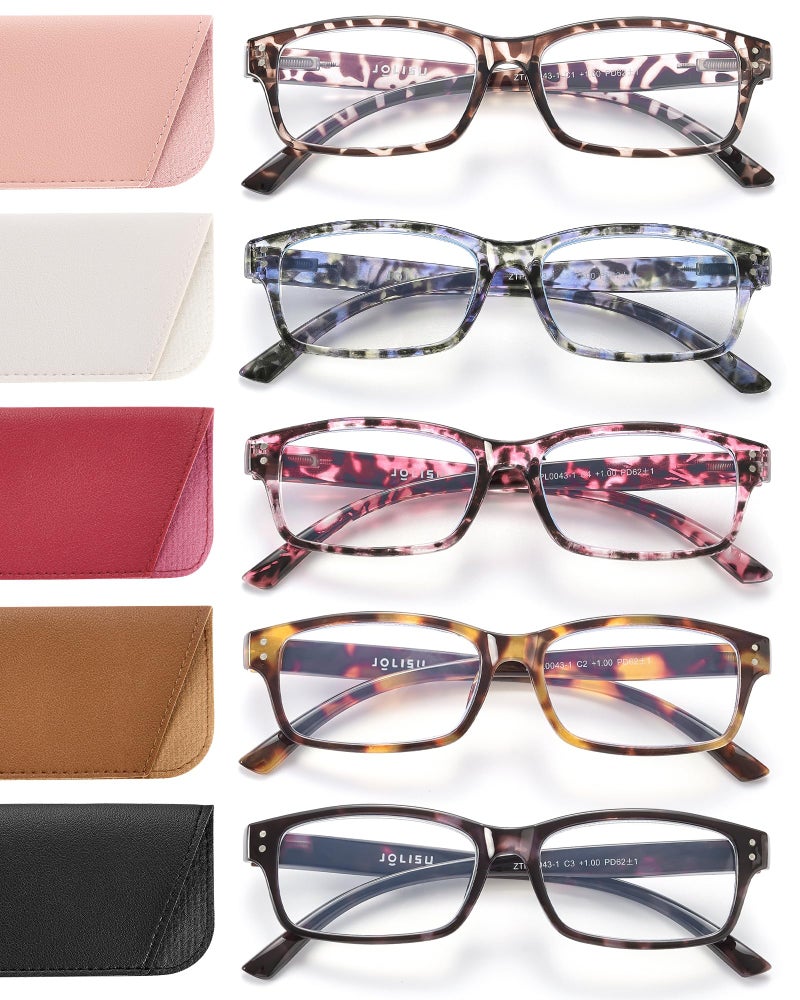 JOLISU Reading Glasses for Women Men - 5 Pack Ladies Stylish Readers Computer Eyeglasses W/Spring Hinge - Blue Light Blocking Glasses Anti Eyestrain 4.0 - Image 1