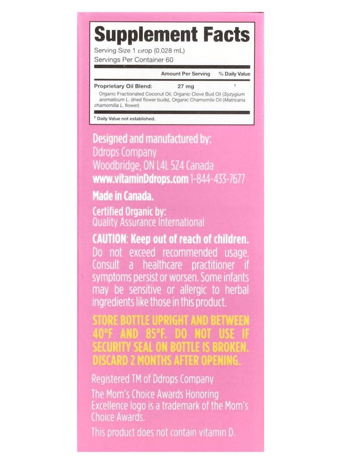 Ddrops Organic Baby Teething Liquid Drops For Ages 3 Months+ 60 Drops 0.06 fl oz (1.7 ml)  - Image 2