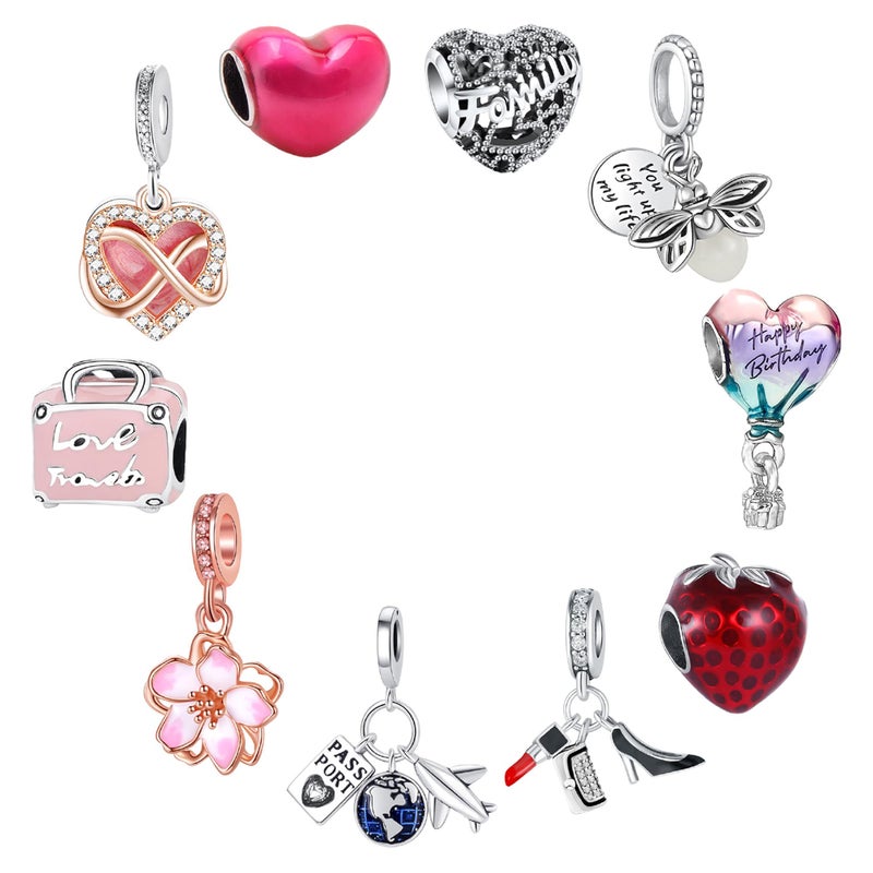 Maisinge 9Pcs Plated Silver Spacer Beads Charms fit Pendants Bracelet Dangle Pack Set Rose Gold Flower firefly Balloon Infinite cherry blossom strawberry Travel - Image 1