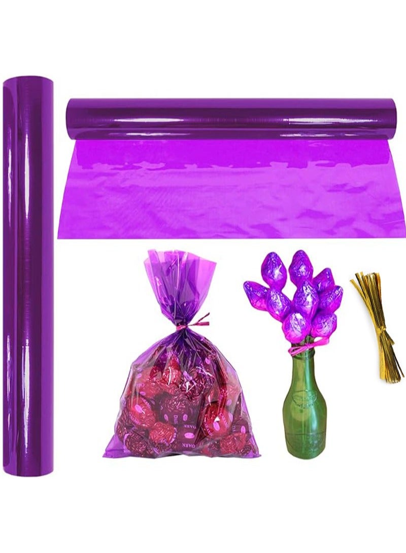 Apustim 30m Long x 40cm Wide Purple Cellophane Wrapping Roll With 100 Ties，Translucent Cellophane Wrapping Paper For Gift Baskets，DIY Arts And Crafts Decoration，Candy  - Image 1