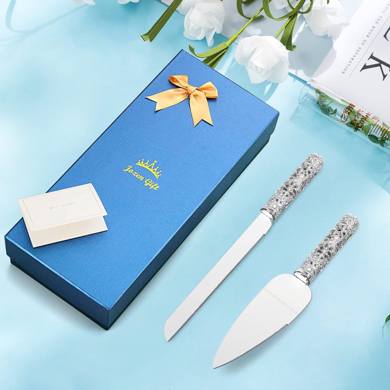 Jozen Gift Wedding Cake Knife and Server Set - 2 Piece Dessert Set Metal Handle with Crystal Stones Decoration for Wedding, Anniversary Party Birthday Banquets and Gifts for Bride and Groom - Image 1