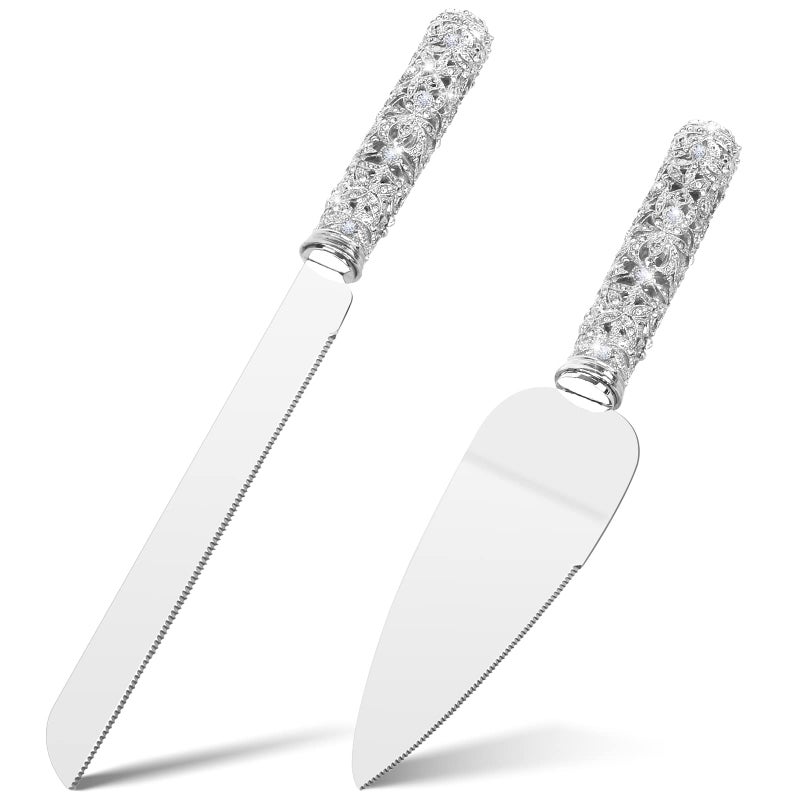 Jozen Gift Wedding Cake Knife and Server Set - 2 Piece Dessert Set Metal Handle with Crystal Stones Decoration for Wedding, Anniversary Party Birthday Banquets and Gifts for Bride and Groom - Image 2