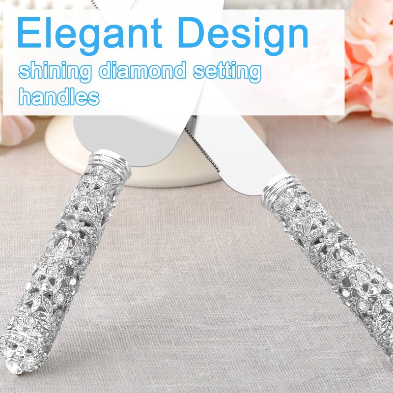 Jozen Gift Wedding Cake Knife and Server Set - 2 Piece Dessert Set Metal Handle with Crystal Stones Decoration for Wedding, Anniversary Party Birthday Banquets and Gifts for Bride and Groom - Image 5