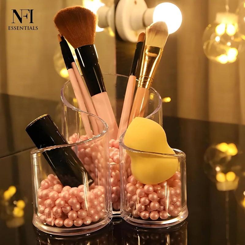 NFI essentials S-Shaped Clear Acrylic Pen & Makeup Brush Holder – 3 Compartment Multipurpose Organizer for Cosmetics, Office Desk & Vanity – Transparent Plastic Stand - Image 2