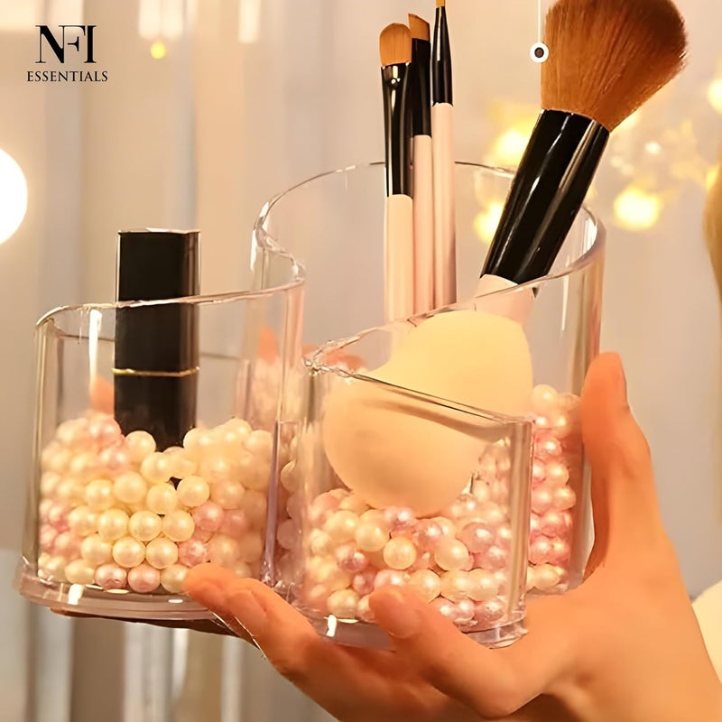 NFI essentials S-Shaped Clear Acrylic Pen & Makeup Brush Holder – 3 Compartment Multipurpose Organizer for Cosmetics, Office Desk & Vanity – Transparent Plastic Stand - Image 3