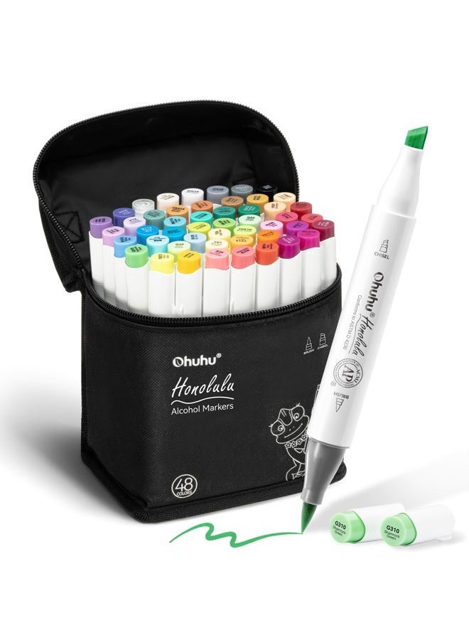 Ohuhu Markers كحولية 48 لون: Marker كحولية ذات طرفين لفناني البالغين تلوين رسم توضيحي - مع 1 خلاط عديم اللون - هونولولو وسلسلة B (فرشاة وشاقول) - Image 1