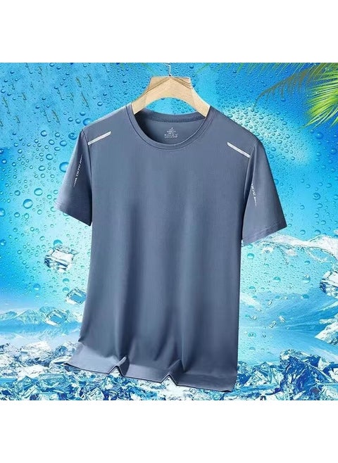 Ice Silk Mesh Short Sleeve T-Shirt Mens Quick Dry Sports Top Cooling Running Casual Summer Elastic Body Shirt Breathable fog blue